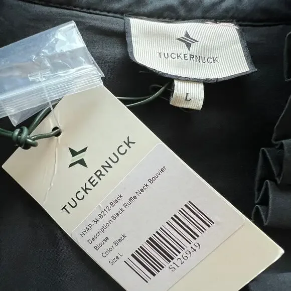 Tuckernuck Ruffle Neck Bouvier Blouse Large Black Preppy - Picture 3 of 12